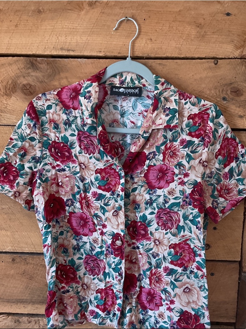 Sag Harbor Floral Button-Front Short Sleeve Top - Magenta, Teal, Cream